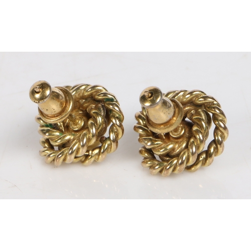 95 - A pair of 9 carat gold earrings, with central orbs surrounded by two rope-twist effect bands, 7g