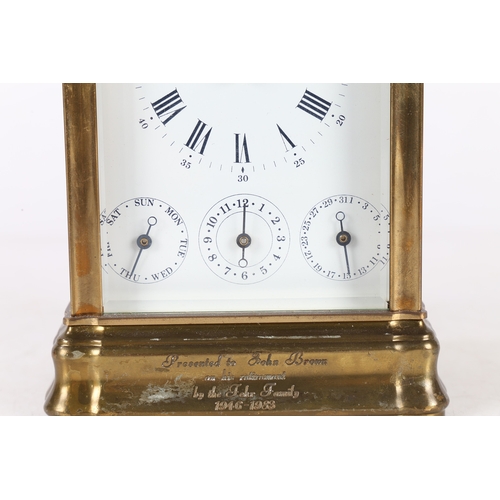 102 - A 20TH CENTURY BRASS REPEATING CARRIAGE CLOCK BY ANGELUS, FRENCH. A 20th Century brass carriage cloc... 