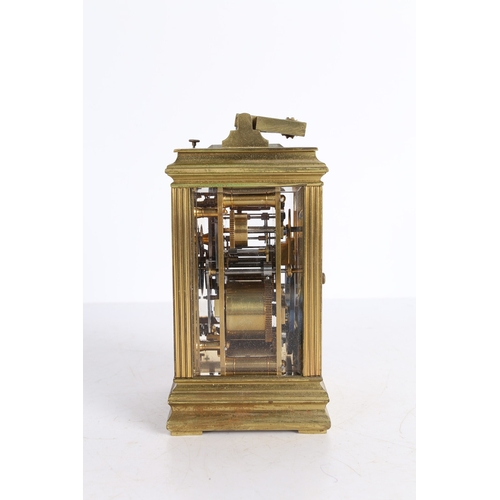 111 - A LATE 19TH CENTURY BRASS CASED REPEATING CARRIAGE CLOCK. A Late 19th century brass cased repeating ... 