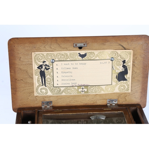 114 - AN EARLY 20TH CENTURY SWISS SIX SONG MUSIC BOX. Housed within a mahogany and boxwood case, with wind... 