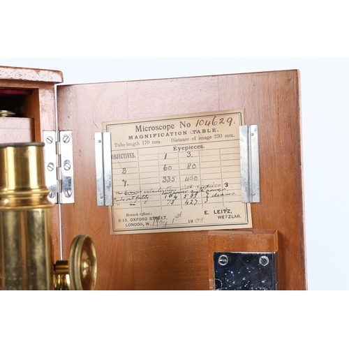 134 - A E LEITZ WETZLAR NO104629 MICROSCOPE. A E Leitz Wetzlar No104629 microscope, brass and black lacque... 