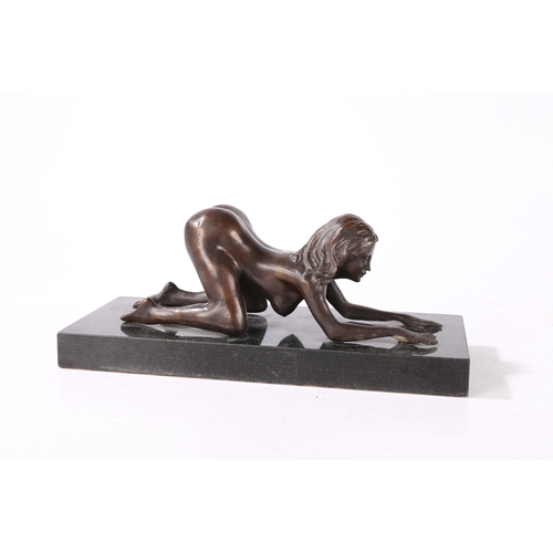 157 - A BRONZE STUDY OF LADY. A bronze study of lady, 20th century set on a black marble plinth, 29cm wide... 