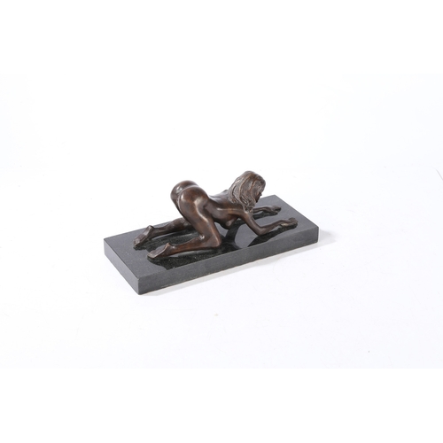 157 - A BRONZE STUDY OF LADY. A bronze study of lady, 20th century set on a black marble plinth, 29cm wide... 