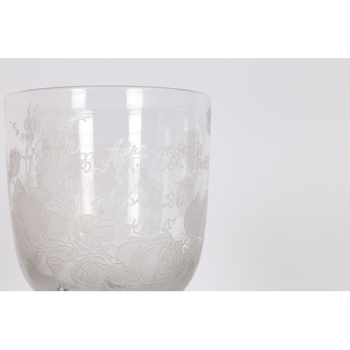 177 - AN EDWARDIAN ACID ETCHED GLASS GOBLET, CIRCA 1905. One side showing Berkely Lodge, the other reading... 