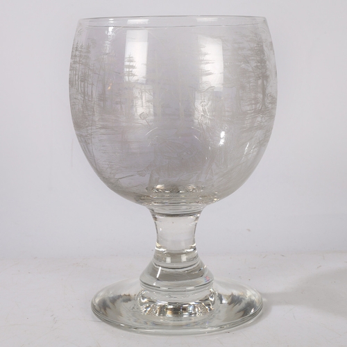 179 - A LARGE PRESENTATION GLASS RUMMER WITH SCRATCH ENGRAVED FISHING SCENE, CIRCA 1920. The scene depicti... 