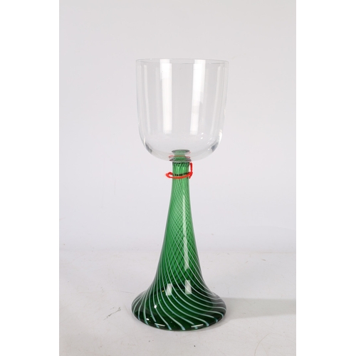 185 - A 19TH CENTURY FRENCH GLASS CHALICE, CIRCA 1870. Having clear glass bowl raised on conical green gla... 