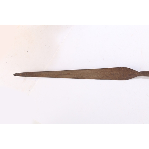 45 - AN AFRICAN TRIBAL SPEAR, (2). An African tribal spear, having an iron head above a tapering shaft, 1... 