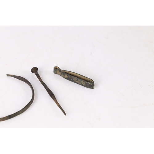 9 - ROMAN ARTIFACTS (3). To include a bracelet, a hairpin and a pair of tweezers, (3).
Found Suffolk.