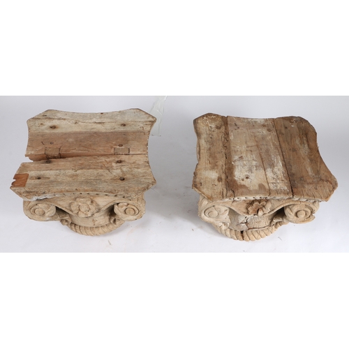 112 - A PAIR OF CARVED OAK CORINTHIAN COLUMN CAPITALS. with acanthus leaf, scroll and rope twist carved de... 