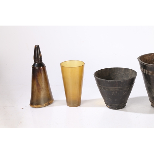 91 - A HORN POWDER FLASK, BEAKER AND FOUR TAPERING VESSSELS (6). the powder flask with wooden inset base,... 