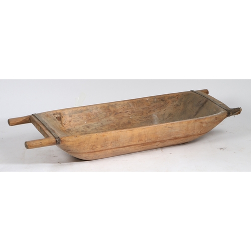 97 - A 19TH CENTURY WOODEN AND METAL BANDED DOUGH TROUGH. the chamfered carrying handles with metal bands... 