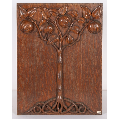 108 - A 19TH CENTURY OAK PANEL. carved with depiction of a fruiting pomegranate tree, 34cm wide, 45cm high... 