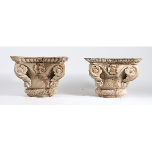 111 - A PAIR OF CARVED OAK CORINTHIAN COLUMN CAPITALS. with acanthus leaf, scroll and rope twist carved de... 