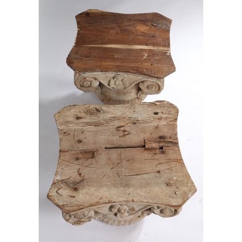 111 - A PAIR OF CARVED OAK CORINTHIAN COLUMN CAPITALS. with acanthus leaf, scroll and rope twist carved de... 