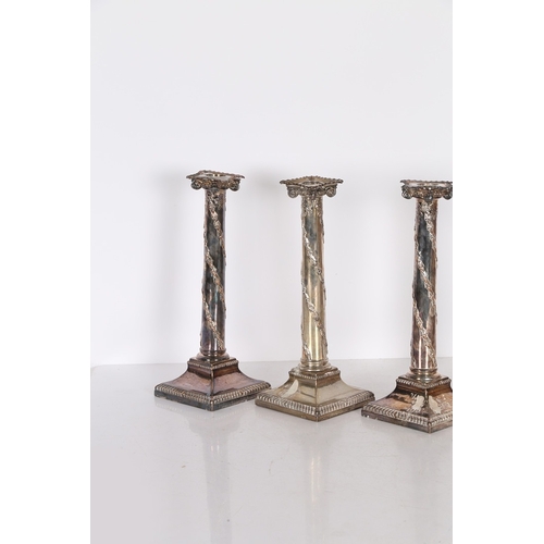 255 - A PAIR OF GEORGE III SILVER CANDLESTICKS, A MATCHING PAIR OF PLATED CANDLESTICKS. Sheffield 1774/177... 