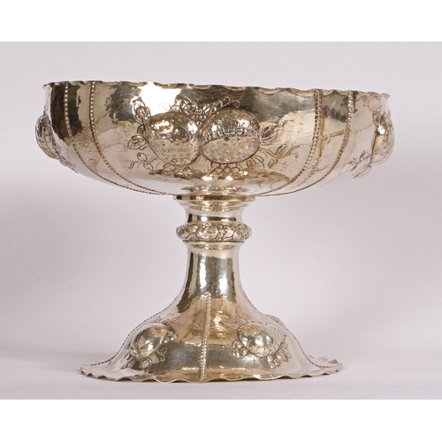 257 - A LARGE SILVER REPOUSSE WORK PEDESTAL FRUIT BOWL, C.G.HALLBERG, SWEDEN 1911. 20.9OZ. a large silver ... 