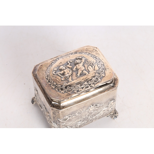 283 - A LATE VICTORIAN SILVER TEA CADDY. London 1896, Maker Thomas Hayes, with repousse decoration depicti... 