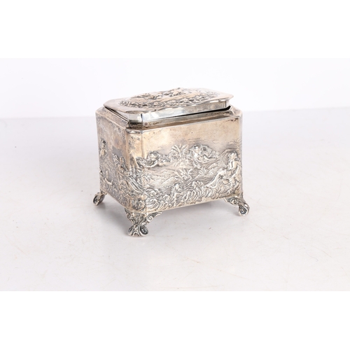 283 - A LATE VICTORIAN SILVER TEA CADDY. London 1896, Maker Thomas Hayes, with repousse decoration depicti... 