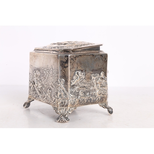 283 - A LATE VICTORIAN SILVER TEA CADDY. London 1896, Maker Thomas Hayes, with repousse decoration depicti... 