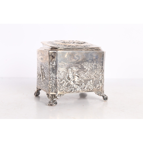 283 - A LATE VICTORIAN SILVER TEA CADDY. London 1896, Maker Thomas Hayes, with repousse decoration depicti... 