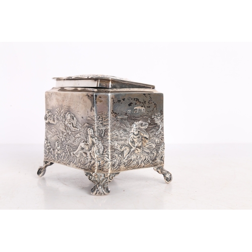 283 - A LATE VICTORIAN SILVER TEA CADDY. London 1896, Maker Thomas Hayes, with repousse decoration depicti... 