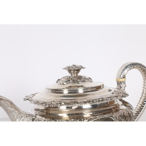 289 - A LATE GEORGE III/ EARLY GEORGE IV SILVER TEAPOT. London 1820, maker Joseph Angell I, with acanthus ... 