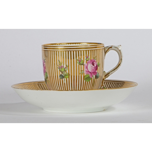 300 - MINTON CUP AND SAUCER DECORATED WITH ROSES ON GOLD STRIPED GROUND. Minton cup and saucer decorated w... 