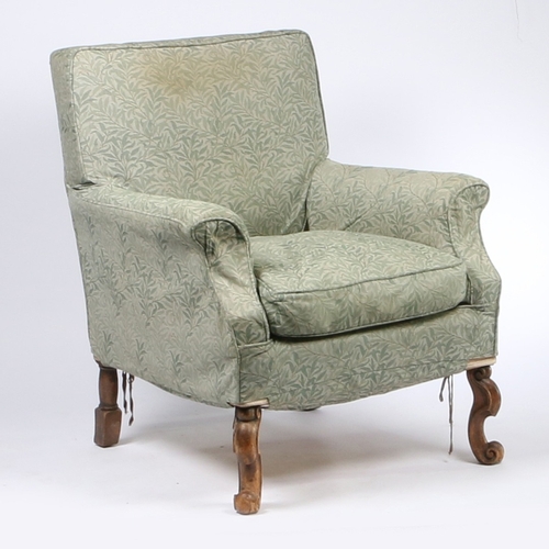 317 - HOWARD & SONS, A VICTORIAN DEEP ARMCHAIR. upholstered in a green foliate material, the rectangular b... 