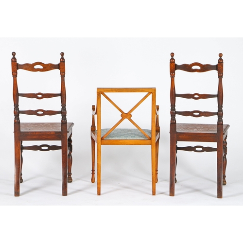 318 - A THREE HOWARD AND SONS CHAIRS. A Three Howard and Sons oak chairs, having a slat back with turned s... 