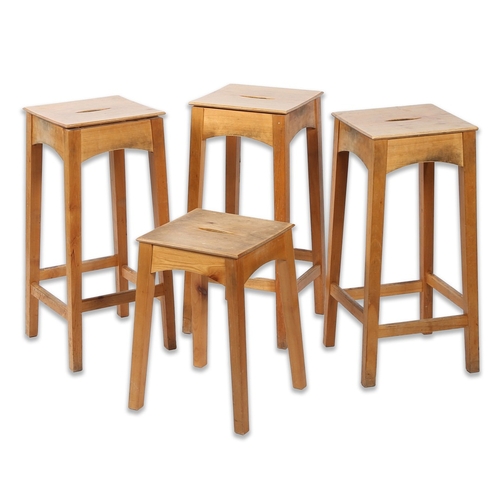 32 - ANDREW BECKWITH FURNITURE, A PAIR OF HIGH STOOLS AND A LOW STOOL. having a square seat with an ellip... 