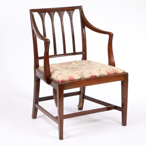 330 - A GEORGE III MAHOGANY CARVER CHAIR. the moulded cresting rail above four reeded tapering splats, the... 