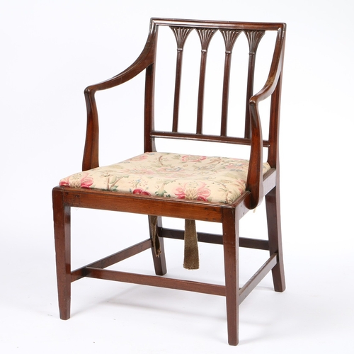 330 - A GEORGE III MAHOGANY CARVER CHAIR. the moulded cresting rail above four reeded tapering splats, the... 