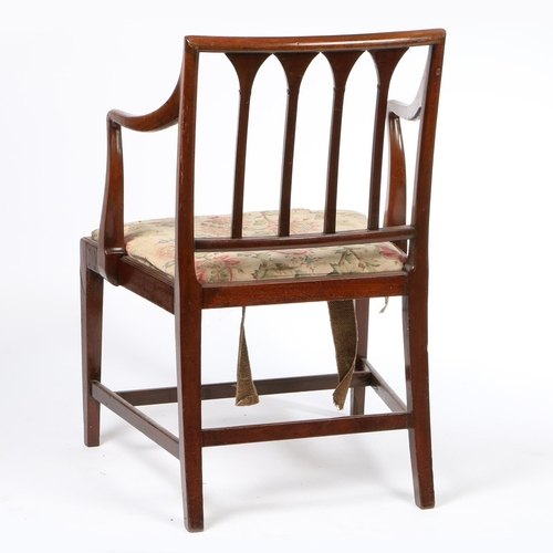 330 - A GEORGE III MAHOGANY CARVER CHAIR. the moulded cresting rail above four reeded tapering splats, the... 