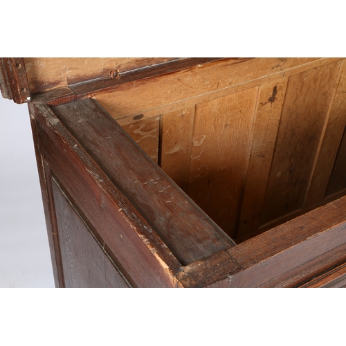 342 - A 18TH/19TH CENTURY OAK BLANKET BOX. A 18th/19th Century oak blanket box, having a two plank top ope... 