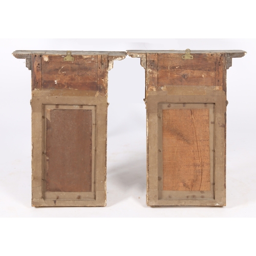 345 - A PAIR OF REGENCY GILT WOOD PIER MIRRORS. the reeded pediments above foliate painted panels and rect... 