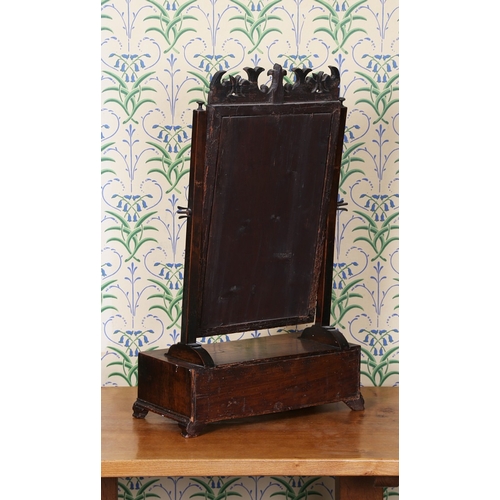 36 - A 18TH CENTURY SWING FRAME TOILET MIRROR. having a fret carved top above a rectangular mirror plate ... 