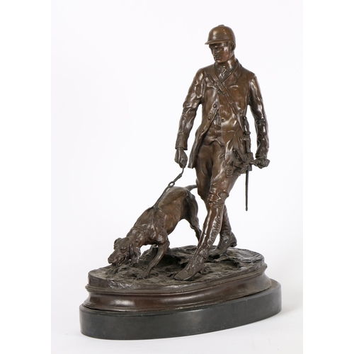 373 - AFTER PIERRE JULES MENE (1810-1879) HUNTSMAN AND DOG, BRONZE WITH BROWN PATINA. After Pierre Jules M... 