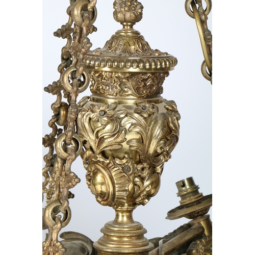 381 - A REGENCY GILT BRASS THREE LIGHT COLZA CHANDELIER. A Regency gilt brass three light colza chandelier... 