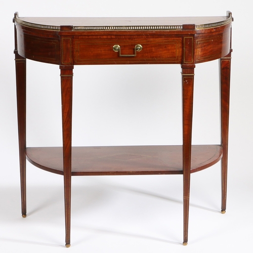 387 - A 19TH CENTURY FRENCH MAHOGANY AND BRASS STRUNG CONSOLE TABLE. Of bowed outline, surmounted by a pie... 