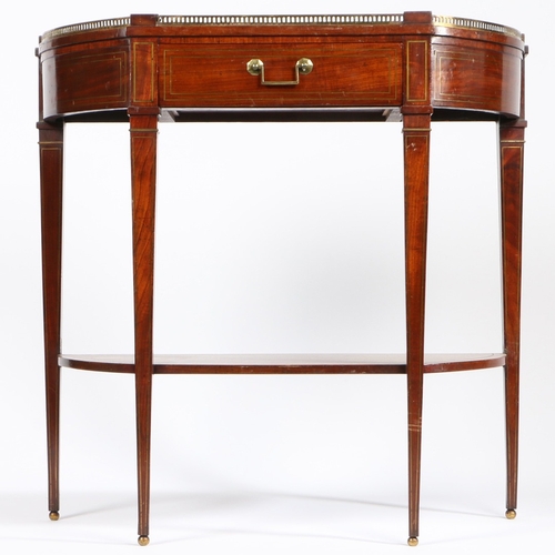 387 - A 19TH CENTURY FRENCH MAHOGANY AND BRASS STRUNG CONSOLE TABLE. Of bowed outline, surmounted by a pie... 