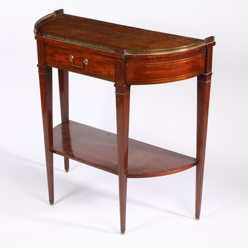 387 - A 19TH CENTURY FRENCH MAHOGANY AND BRASS STRUNG CONSOLE TABLE. Of bowed outline, surmounted by a pie... 