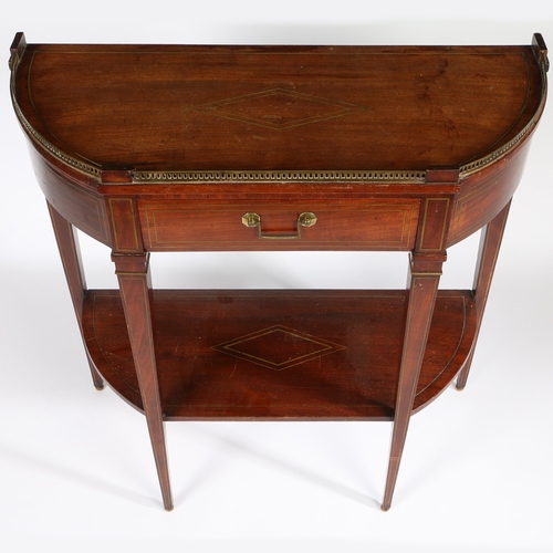 387 - A 19TH CENTURY FRENCH MAHOGANY AND BRASS STRUNG CONSOLE TABLE. Of bowed outline, surmounted by a pie... 