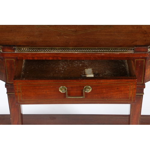 387 - A 19TH CENTURY FRENCH MAHOGANY AND BRASS STRUNG CONSOLE TABLE. Of bowed outline, surmounted by a pie... 