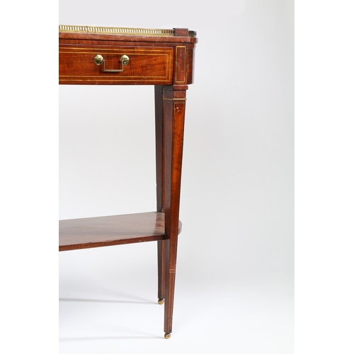 387 - A 19TH CENTURY FRENCH MAHOGANY AND BRASS STRUNG CONSOLE TABLE. Of bowed outline, surmounted by a pie... 