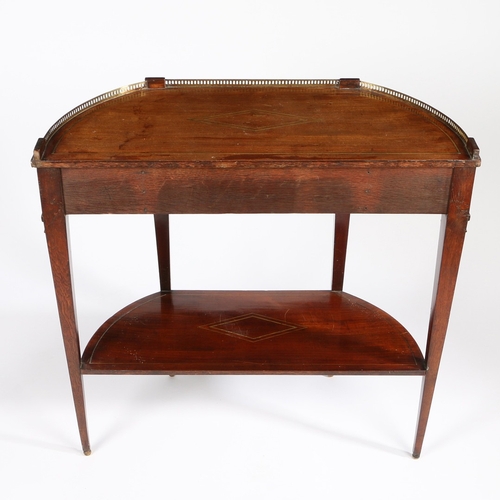 387 - A 19TH CENTURY FRENCH MAHOGANY AND BRASS STRUNG CONSOLE TABLE. Of bowed outline, surmounted by a pie... 