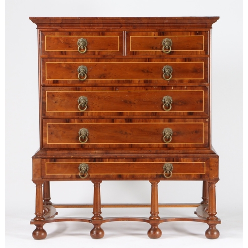 391 - A GOOD QUALITY EARLY 20TH CENTURY YEW AND BOXWOOD INLAID CHEST ON STAND BY MORRIS & CO. the swept pe... 