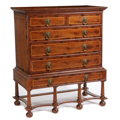 391 - A GOOD QUALITY EARLY 20TH CENTURY YEW AND BOXWOOD INLAID CHEST ON STAND BY MORRIS & CO. the swept pe... 