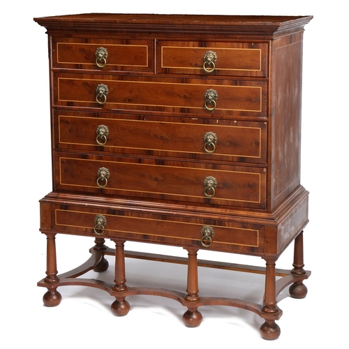 391 - A GOOD QUALITY EARLY 20TH CENTURY YEW AND BOXWOOD INLAID CHEST ON STAND BY MORRIS & CO. the swept pe... 