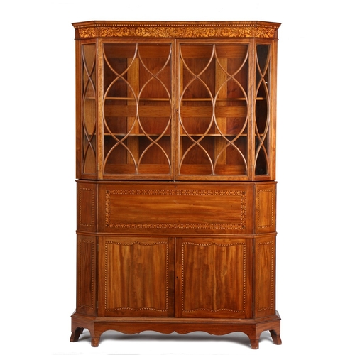 392 - A GOOD QUALITY LATE 19TH CENTURY MAHOGANY, CHEQUER-STRUNG AND BOXWOOD INLAID ESCRITOIRE BOOKCASE BY ... 