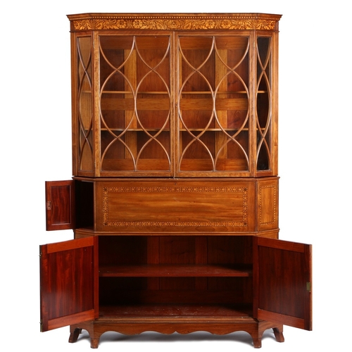 392 - A GOOD QUALITY LATE 19TH CENTURY MAHOGANY, CHEQUER-STRUNG AND BOXWOOD INLAID ESCRITOIRE BOOKCASE BY ... 